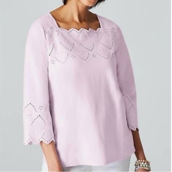J. Jill Eyelet Trim 3/4 Bell Sleeve Square Neck Top Blouse Pale Lilac Sz XL NWT - Picture 1 of 14